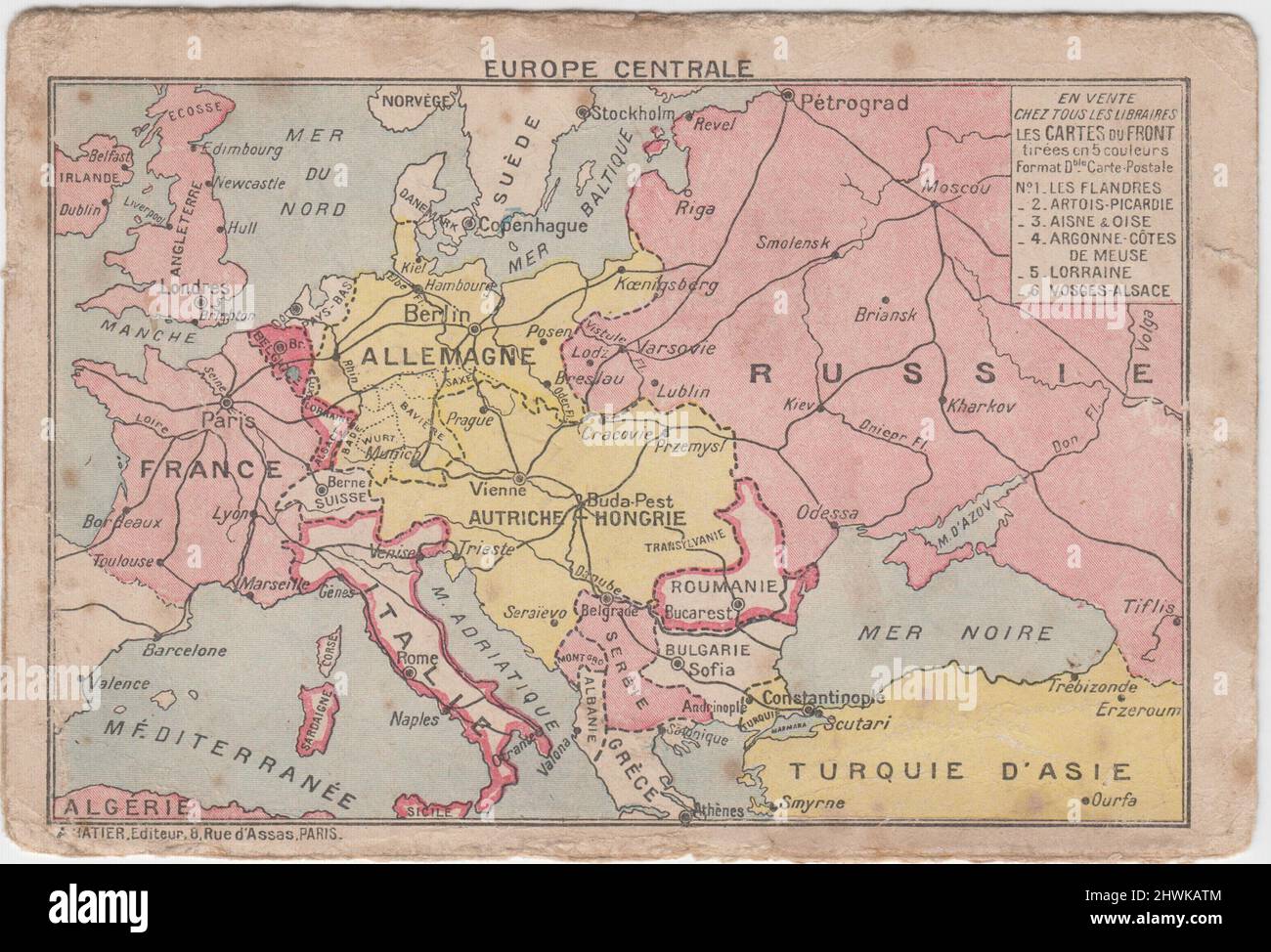 Europe Centrale / Europe centrale : carte de la première Guerre mondiale montrant les frontières des pays combattants. La carte a été incluse sur le devant d'une carte à lettres de l'Armée française Banque D'Images