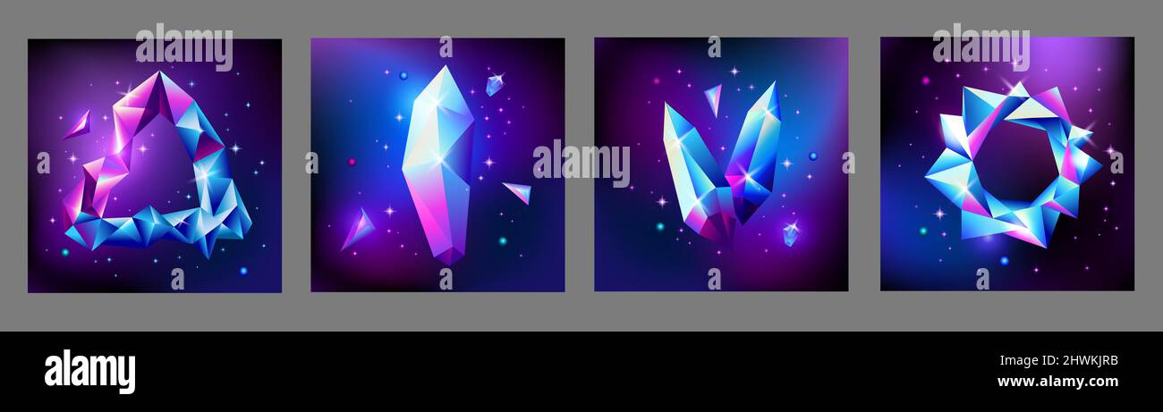 Ensemble d'affiches cosmiques tendance abstrait avec cadre en pierres précieuses en cristal et formes géométriques pyramidales dans l'espace. Fond de galaxie néon. style 80s. Affiche avec Illustration de Vecteur