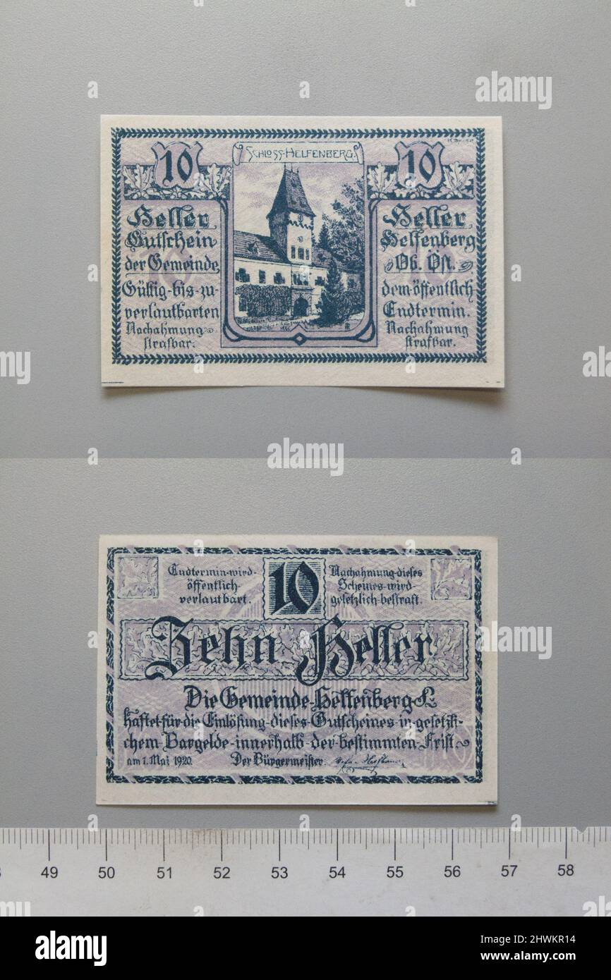 10 Helfenberg, Notgeld. Menthe: Helfenberg, Autriche Banque D'Images