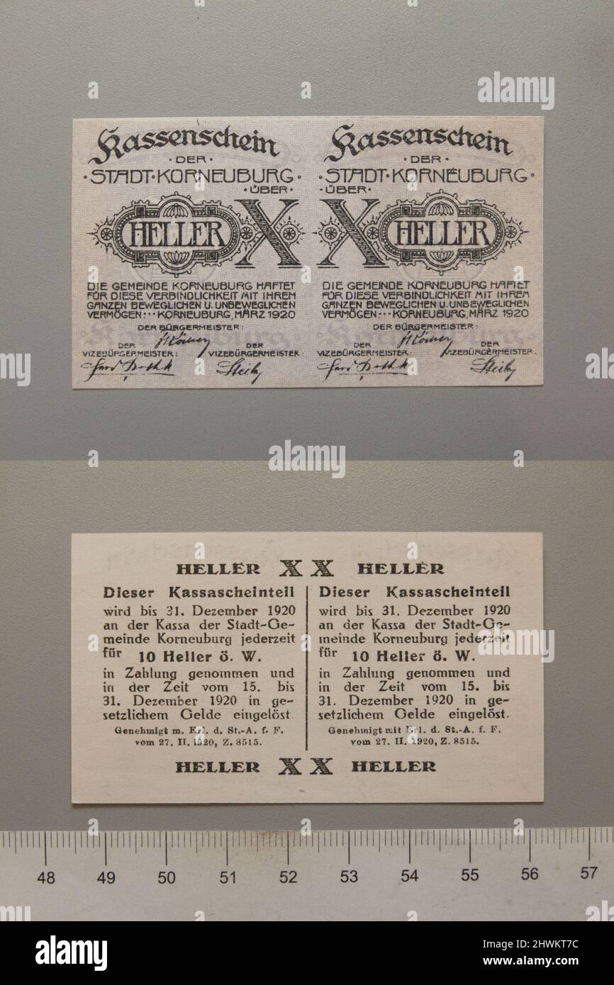 Petite feuille de deux notes Heller de 10 de Korneuburg, Notgeld. Menthe: Korneuburg Banque D'Images
