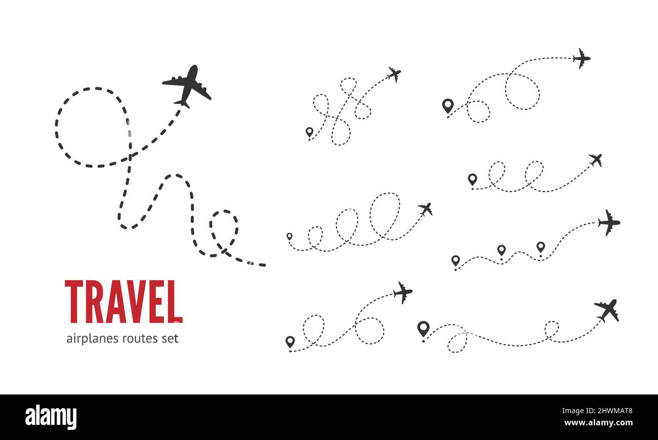Trajectoire des lignes pointillées de l'avion avec ensemble de vecteurs de tracé de point de départ et de tiret. Concept de voyage. Itinéraires en avion Illustration de Vecteur