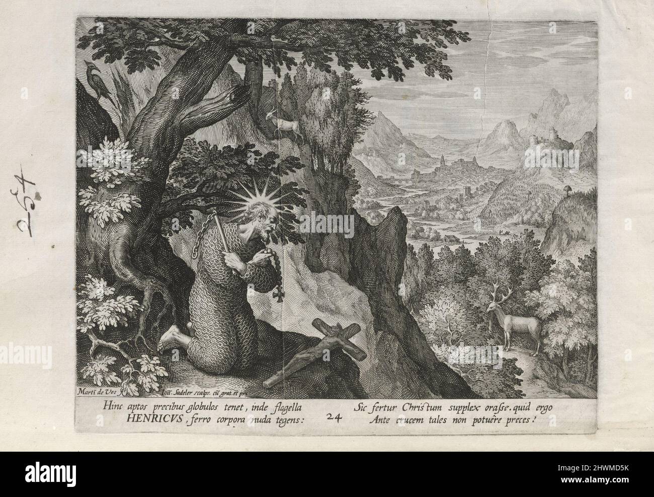 Henricus, pl. 24 de 25 de la série Trophaeum Vitae Solitariae (Hermites mâles). Editeur: Johann Sadeler I, Flamand, 1550–1600After: Maarten de Vos, Flamand, 1532–1603Publisher: Rafael Sadeler I, Flamand, 1560–1628 Banque D'Images