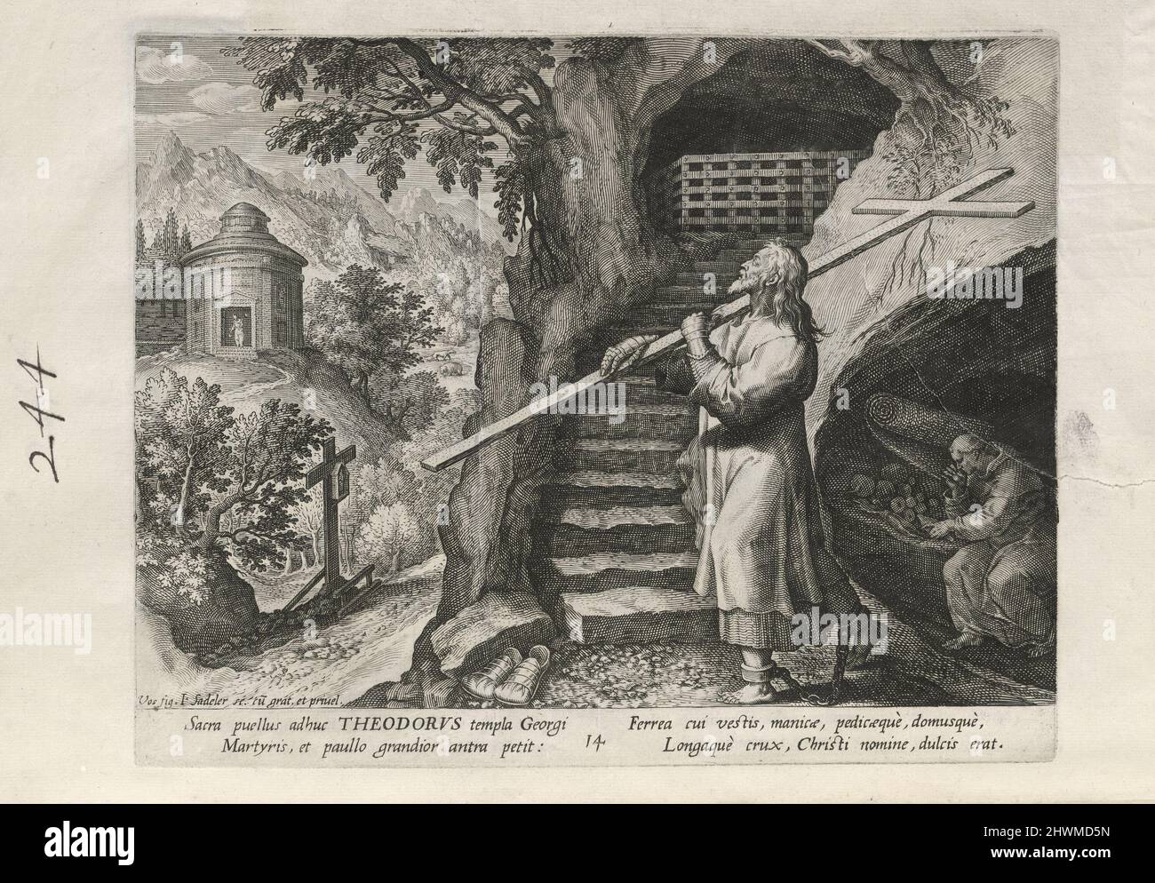 Theodorus, pl. 14 de 25 de la série Trophaeum Vitae Solitariae (Hermites mâles). Editeur: Johann Sadeler I, Flamand, 1550–1600After: Maarten de Vos, Flamand, 1532–1603Publisher: Rafael Sadeler I, Flamand, 1560–1628 Banque D'Images