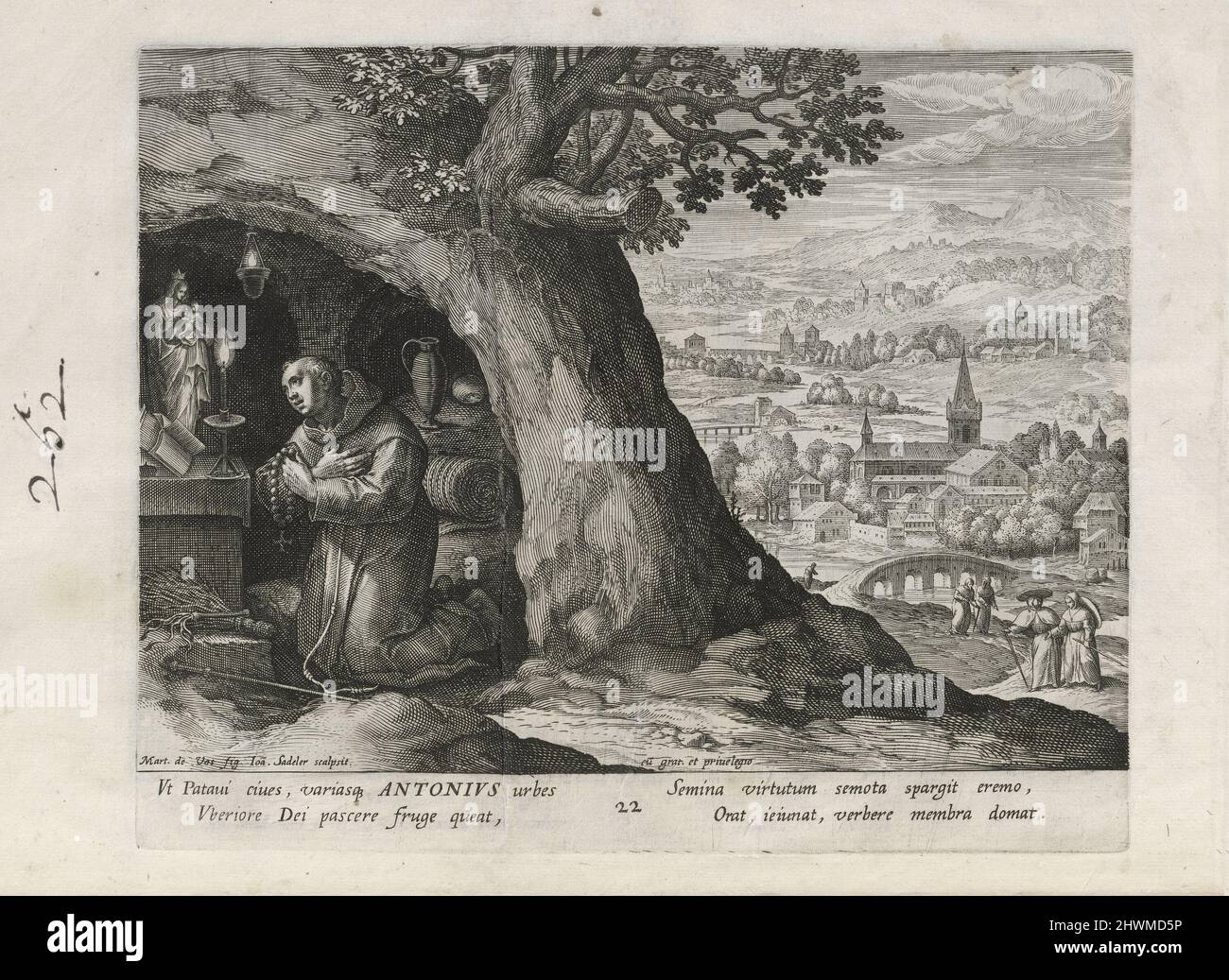 Antonius, pl. 22 de 25 de la série Trophaeum Vitae Solitariae (Hermites mâles). Editeur: Johann Sadeler I, Flamand, 1550–1600After: Maarten de Vos, Flamand, 1532–1603Publisher: Rafael Sadeler I, Flamand, 1560–1628 Banque D'Images