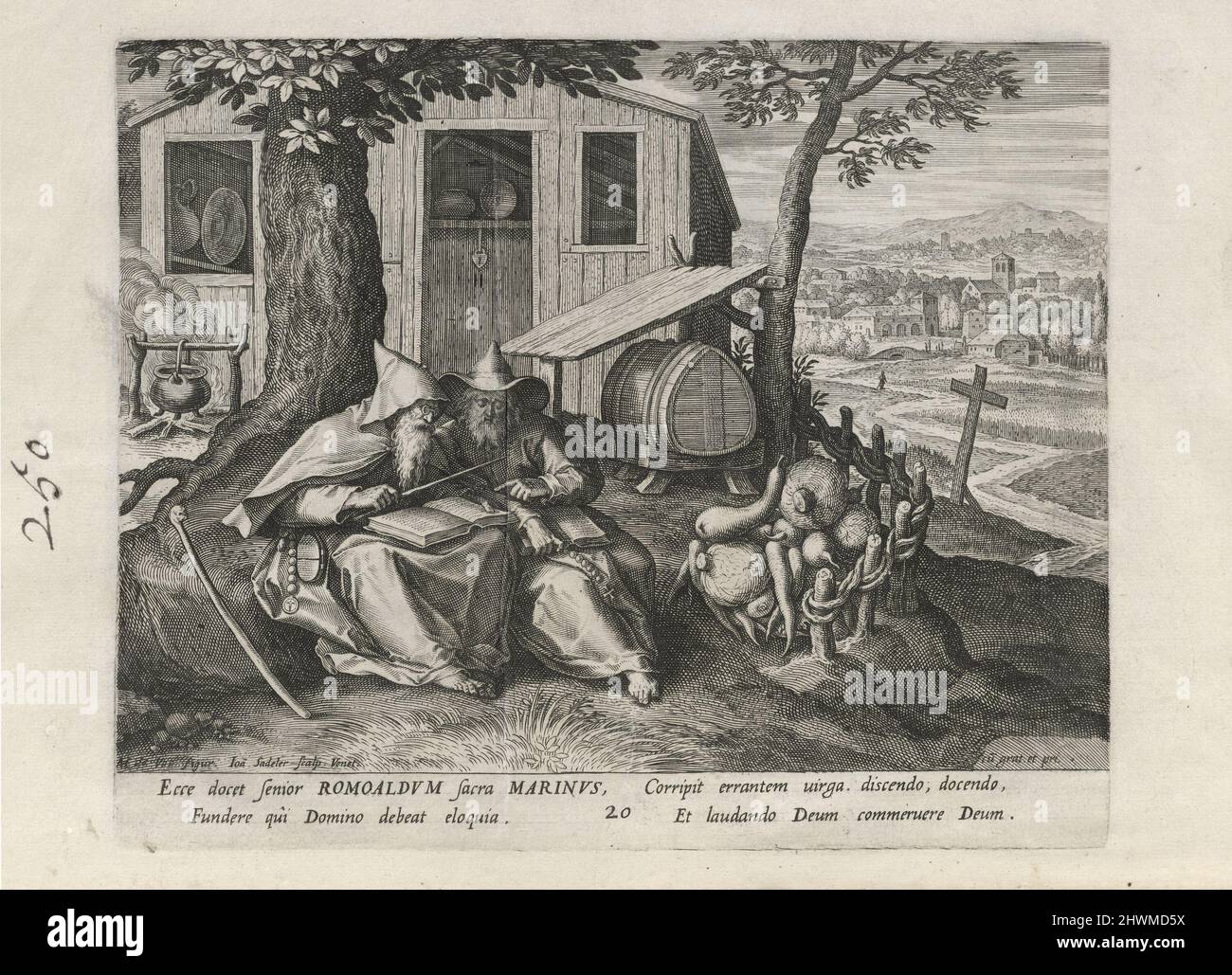 Saints Romualdus et Marinus, pl. 20 de 25 de la série Trophaeum Vitae Solitariae (Hermites mâles). Editeur: Johann Sadeler I, Flamand, 1550–1600After: Maarten de Vos, Flamand, 1532–1603Publisher: Rafael Sadeler I, Flamand, 1560–1628 Banque D'Images
