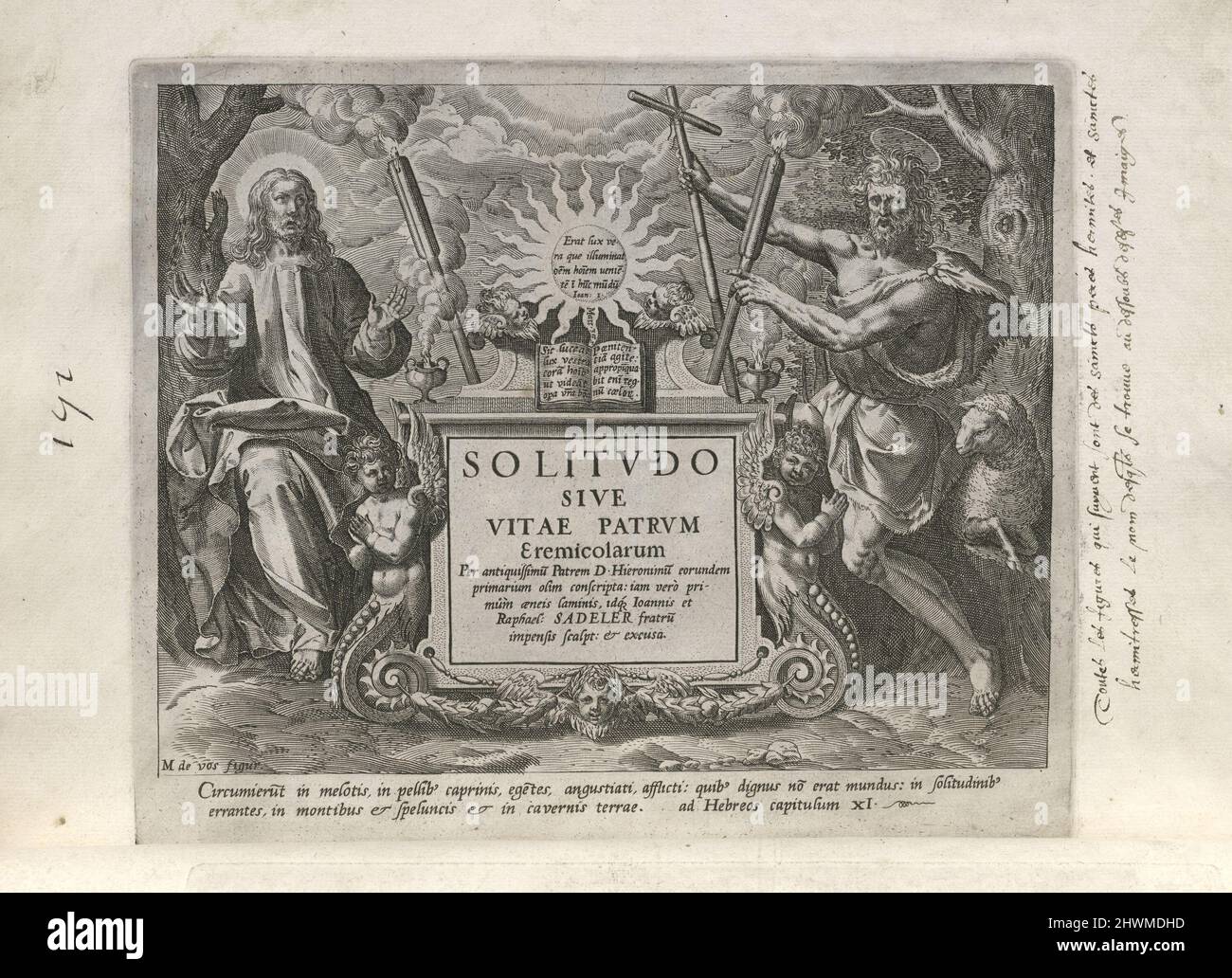 Page de titre de la série Solitudo sive vitae patrum eremicarum (Hermites mâles). Graveur: Inconnu après: Maarten de vos, flamand, 1532–1603Publisher: Johann Sadeler I, flamand, 1550–1600Publisher: Rafael Sadeler I, flamand, 1560–1628 Banque D'Images