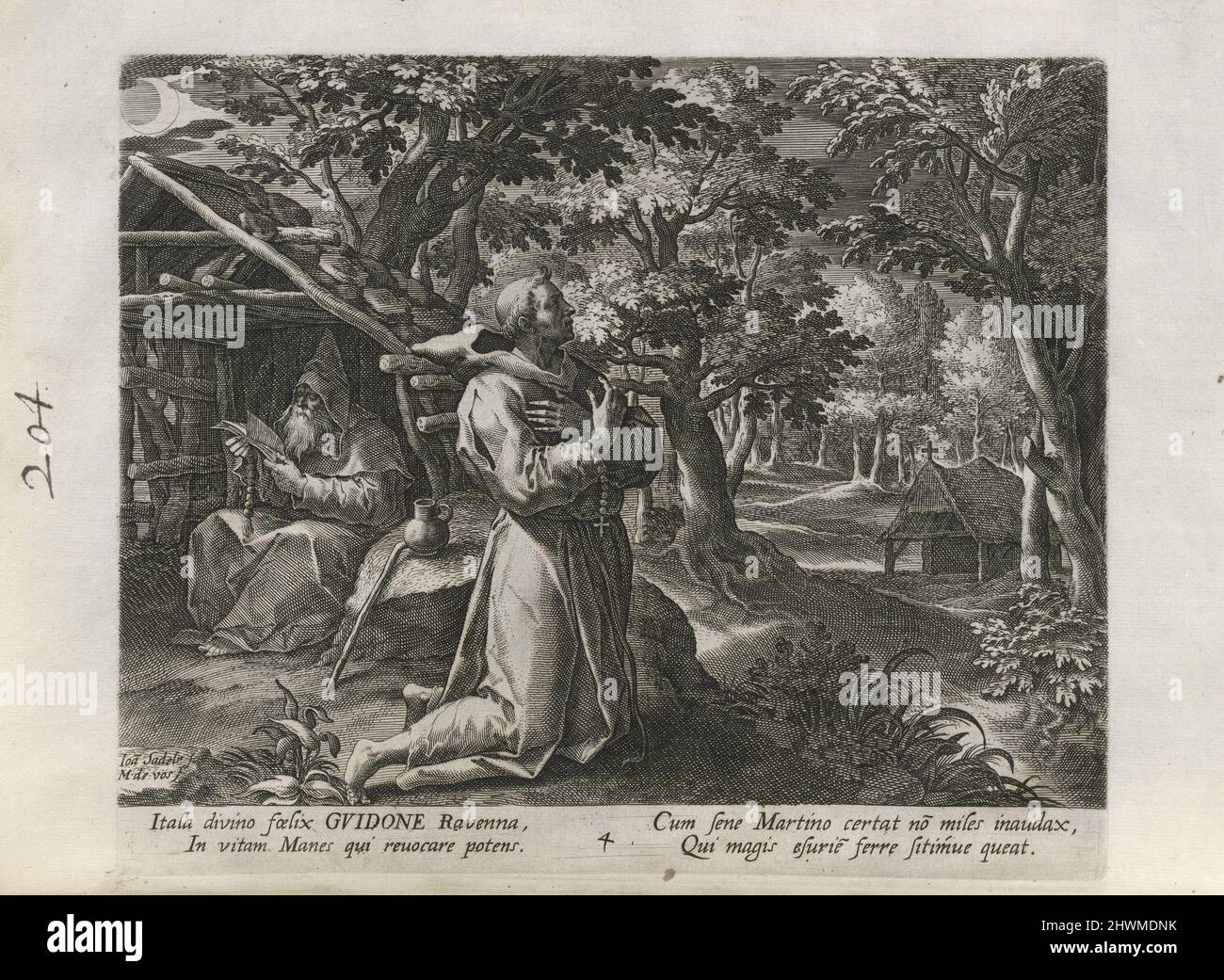 Guidone, pl. 4 de 30 de la série Sylvae Sacrae (Hermites en paysages). Editeur: Johann Sadeler I, Flamand, 1550–1600After: Maarten de Vos, Flamand, 1532–1603Publisher: Rafael Sadeler I, Flamand, 1560–1628 Banque D'Images