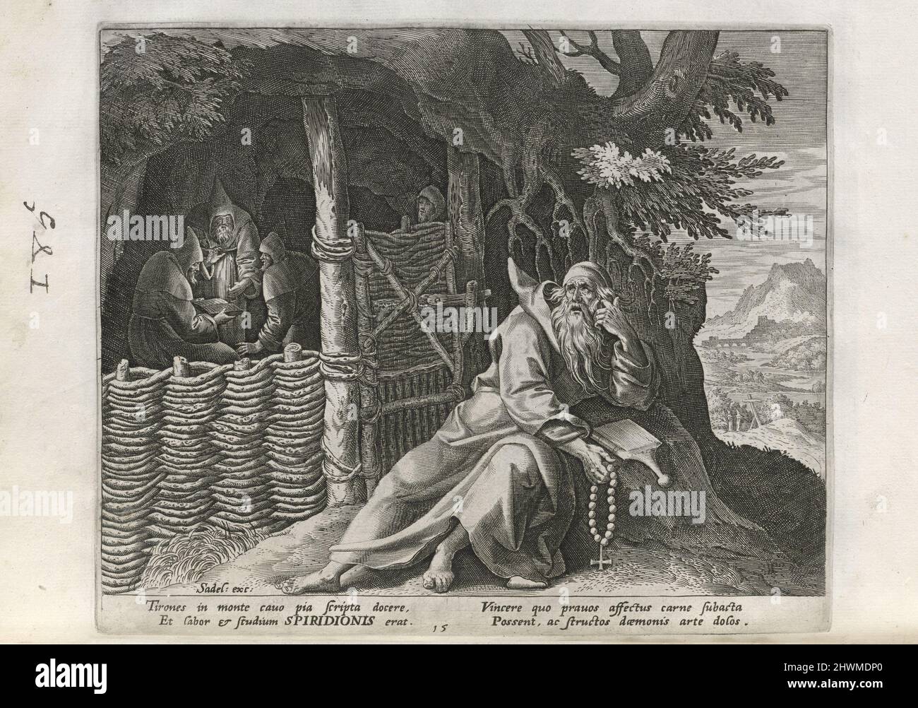 Spiridion, pl. 15 de 29 de la série Solitudo sive vitae patrum eremicarum (Hermites mâles). Graveur: Inconnu après: Maarten de vos, flamand, 1532–1603Publisher: Johann Sadeler I, flamand, 1550–1600Publisher: Rafael Sadeler I, flamand, 1560–1628 Banque D'Images
