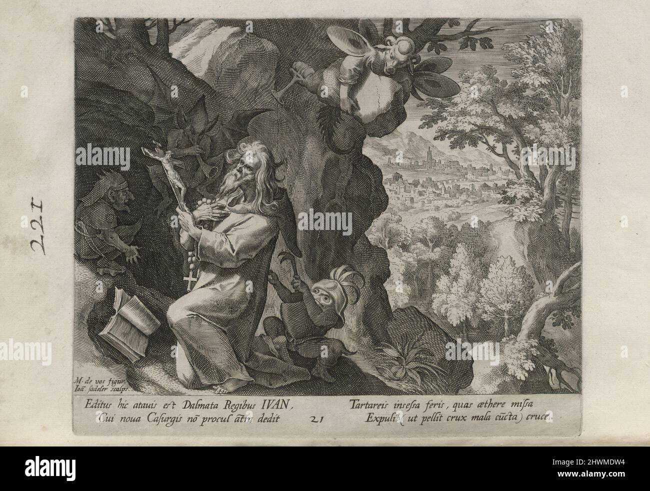 Ivan, pl. 21 de 30 de la série Sylvae Sacrae (Hermites en paysages). Editeur: Johann Sadeler I, Flamand, 1550–1600After: Maarten de Vos, Flamand, 1532–1603Publisher: Rafael Sadeler I, Flamand, 1560–1628 Banque D'Images