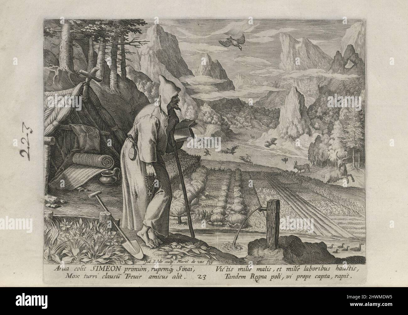 Simeon, pl. 23 de 30 de la série Sylvae Sacrae (Hermites en paysages). Editeur: Johann Sadeler I, Flamand, 1550–1600After: Maarten de Vos, Flamand, 1532–1603Publisher: Rafael Sadeler I, Flamand, 1560–1628 Banque D'Images