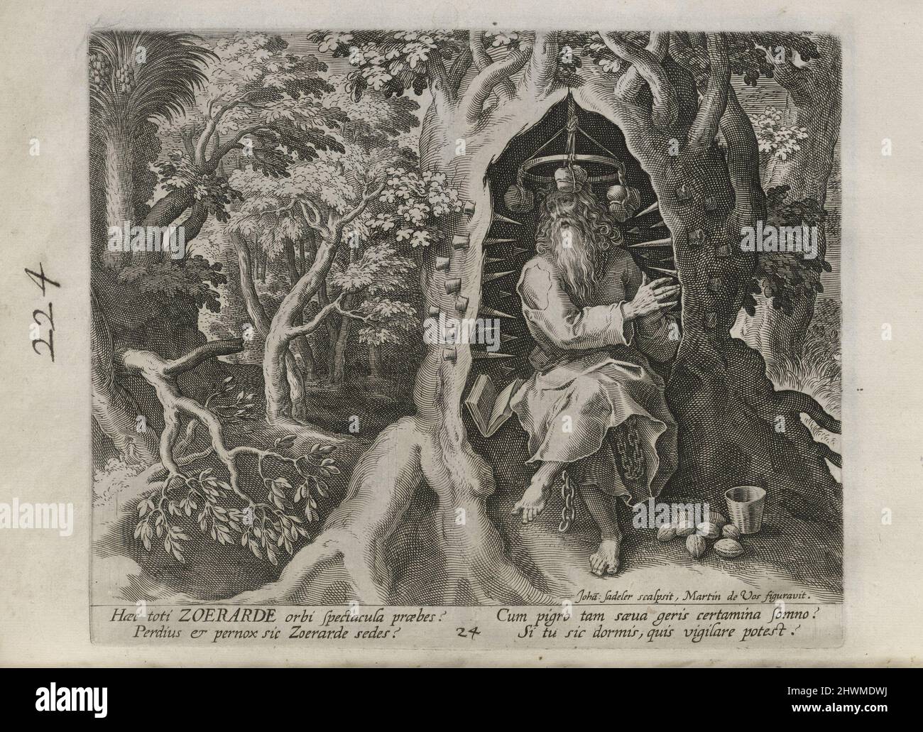 Zoeradus, pl. 24 de 30 de la série Sylvae Sacrae (Hermites en paysages). Editeur: Johann Sadeler I, Flamand, 1550–1600After: Maarten de Vos, Flamand, 1532–1603Publisher: Rafael Sadeler I, Flamand, 1560–1628 Banque D'Images
