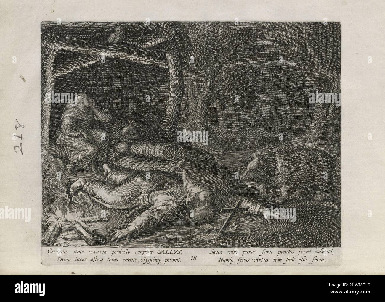 Gall, pl. 18 de 30 de la série Sylvae Sacrae (Hermites en paysages). Editeur: Rafael Sadeler I, Flamand, 1560–1628After: Maarten de vos, Flamand, 1532–1603Publisher: Johann Sadeler I, Flamand, 1550–1600 Banque D'Images