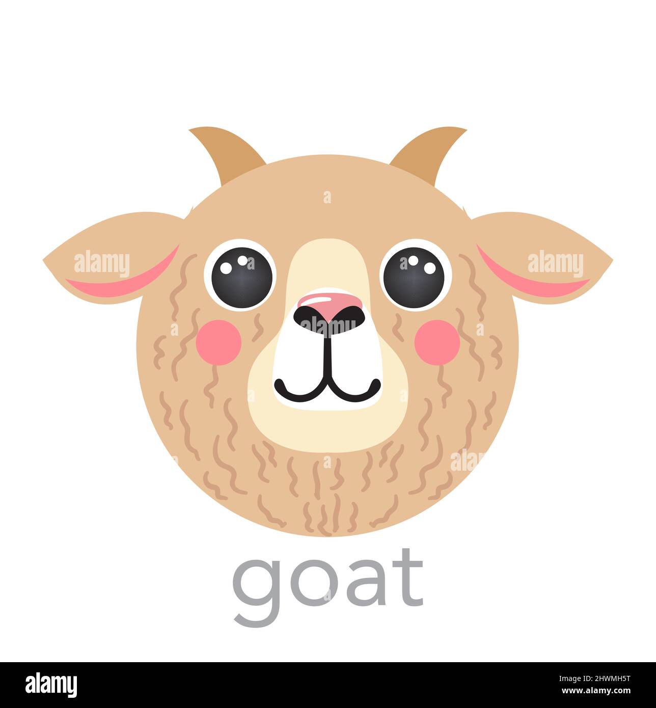 Chèvre mignon portrait avec le nom texte tête sourire dessin animé forme ronde visage animal, isolé vecteur icônes illustrations sur fond blanc. Plat simple dessiné à la main pour enfants affiche, t-shirts, vêtements de bébé Illustration de Vecteur