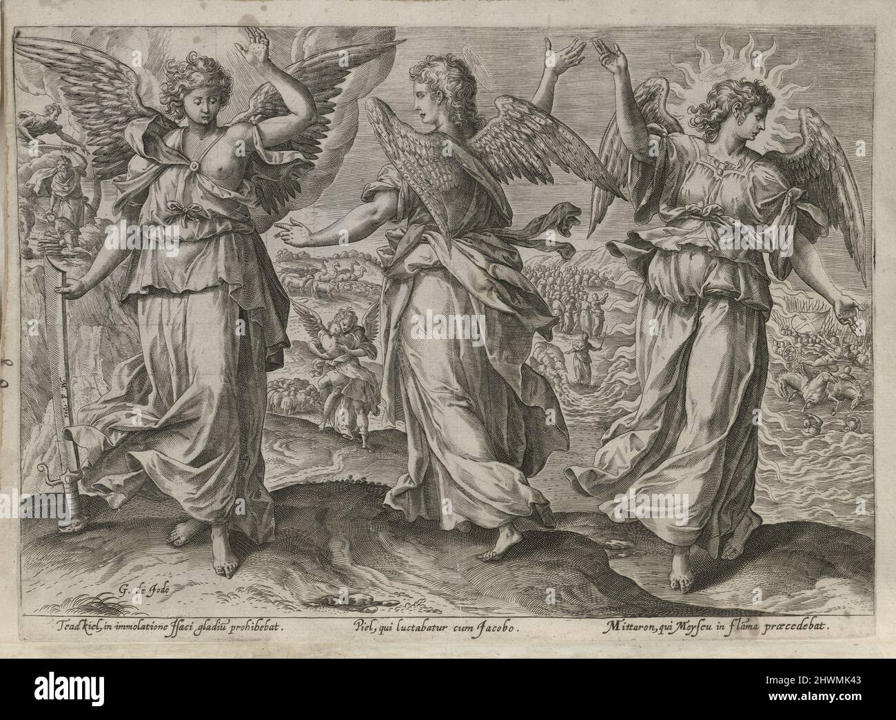 Les Anges Taedkiel, Piel et Mittaron. Artiste: Gerard de Jode, flamand, 1509 ou 1517–1591 Banque D'Images
