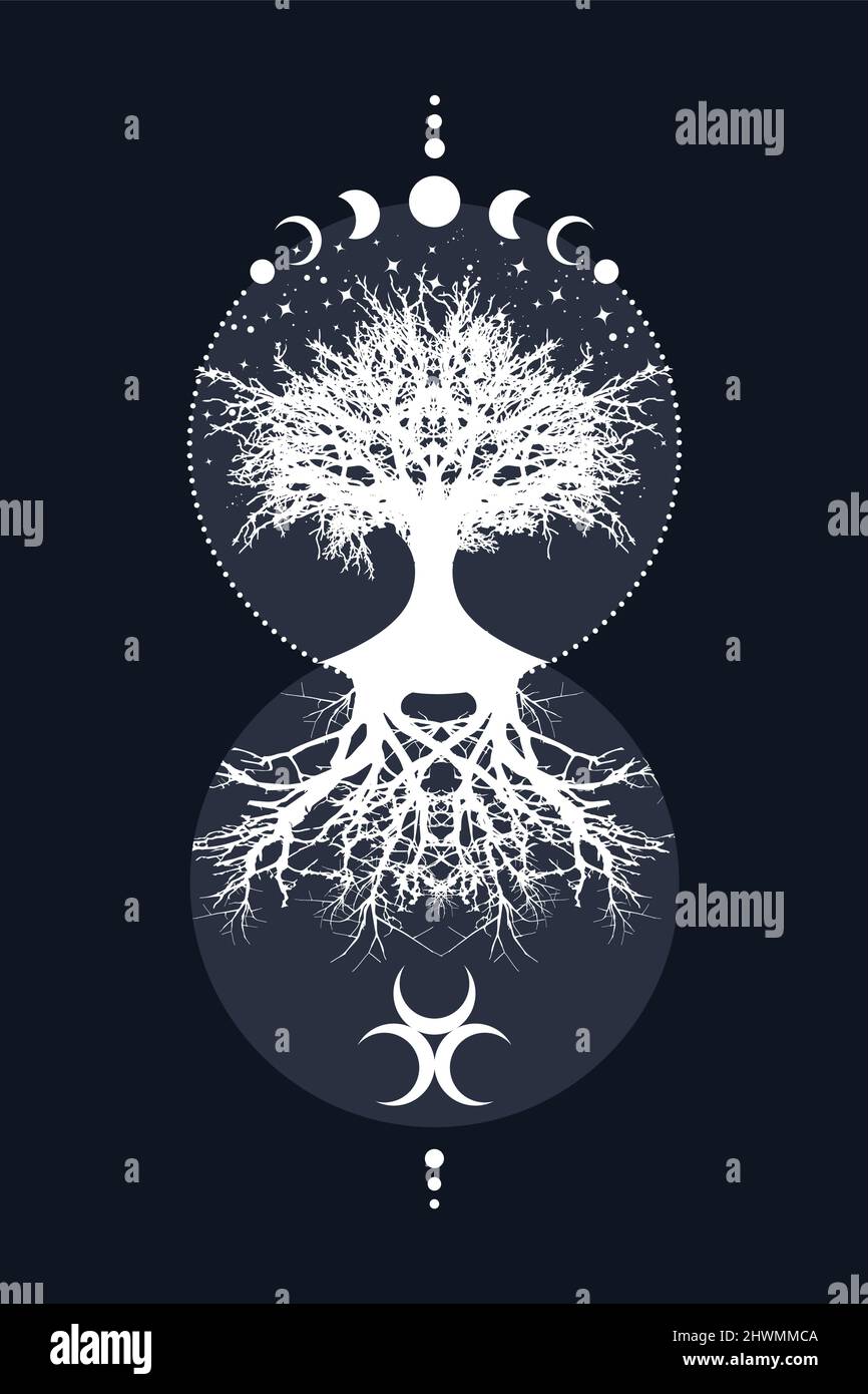 Arbre sacré et croissant de lune. Triple Déesse phases de la Lune mystique, arbre de vie, géométrie sacrée. Mère Terre Wicca bannière vieux signe, cercle d'énergie Illustration de Vecteur
