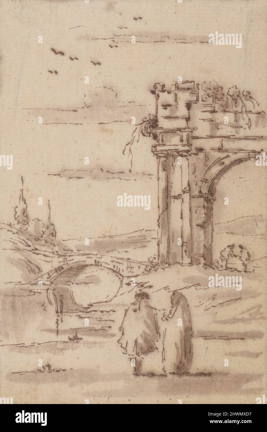 Deux figures dans un paysage avec des ruines. Artiste, éventuellement par : Francesco Guardi, Italien, Venise, 1712–1793 Banque D'Images