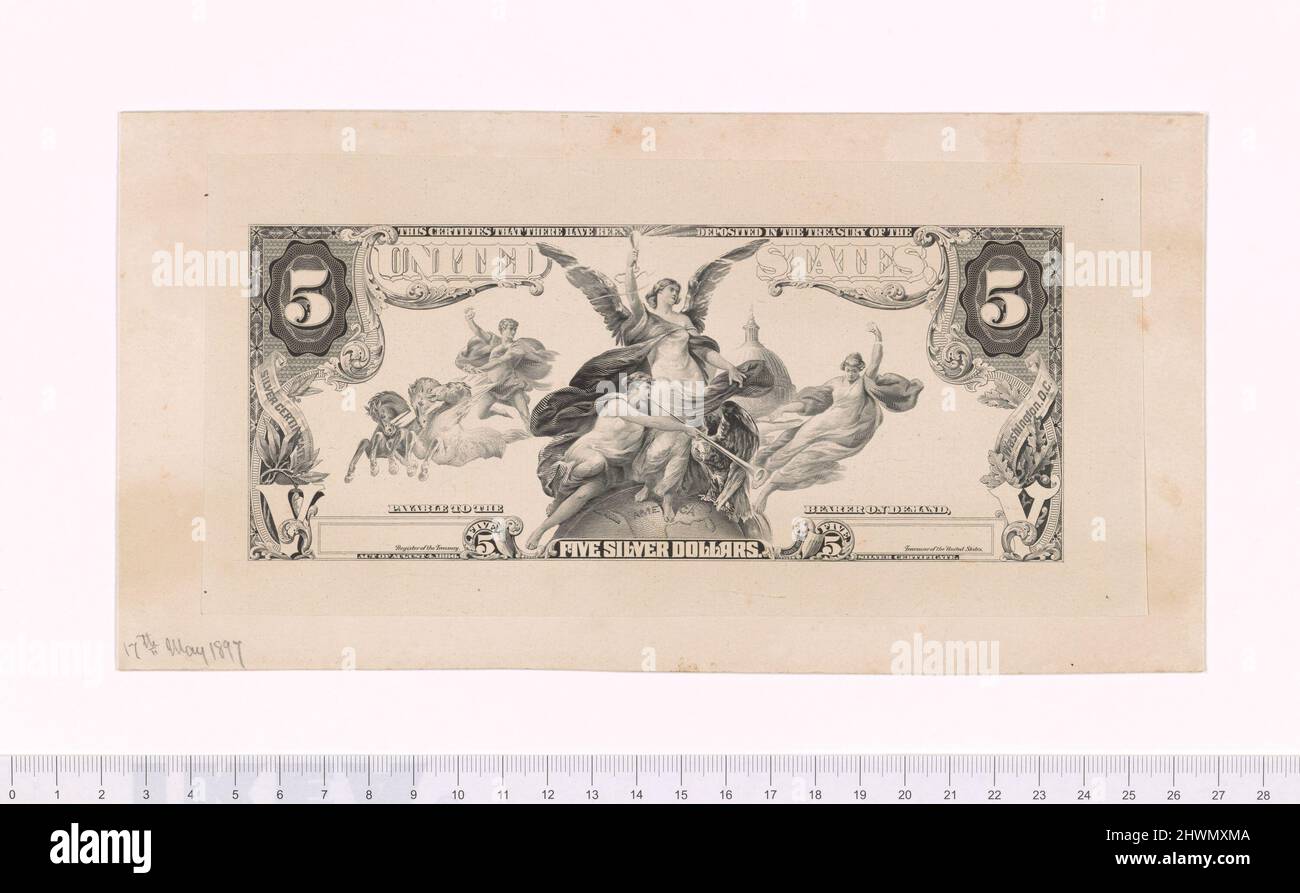 $5 certificat argent épreuve faciale Essay progressive. Fabricant: Bureau of Engraving and Printing, American, fondé en 1894Designer: Walter Shirlaw, American, né en Écosse, 1838–1909Engraver: G. F. C. Smillie, America, 1854–1924 Banque D'Images