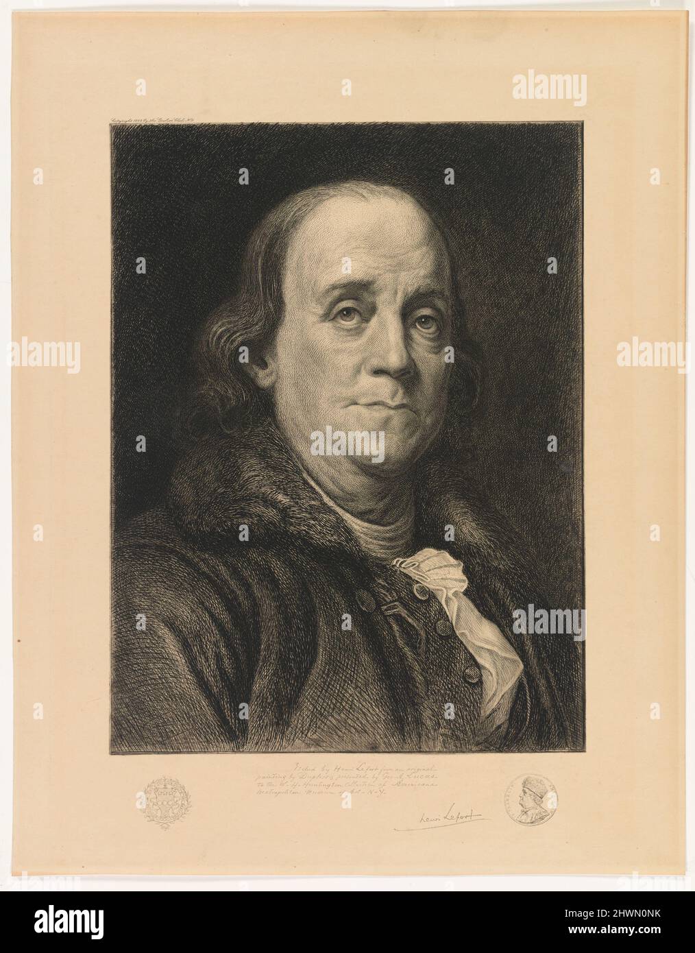 Benjamin Franklin. Artiste: Henri Leport, AmericanAfter: Joseph-Siffred Duplessis, Français, 1725–1802 Banque D'Images