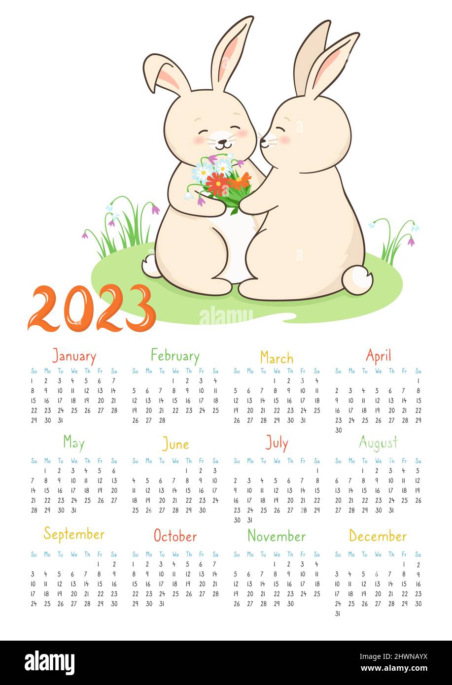 Calendrier 2023 avec lapin, organisateur de 12 mois. Couple lapin donner le  bouquet de fleurs avec amour. Personnage puérile symbole mascotte année.  Modèle de dessin animé plat, joli lièvre animal de compagnie
