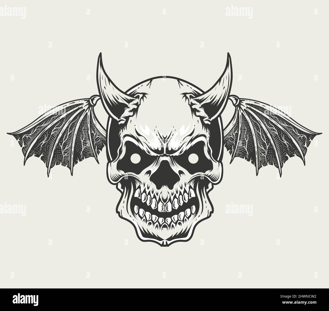 illustration de la tête de crâne du démon vecteur de style monochrome Illustration de Vecteur