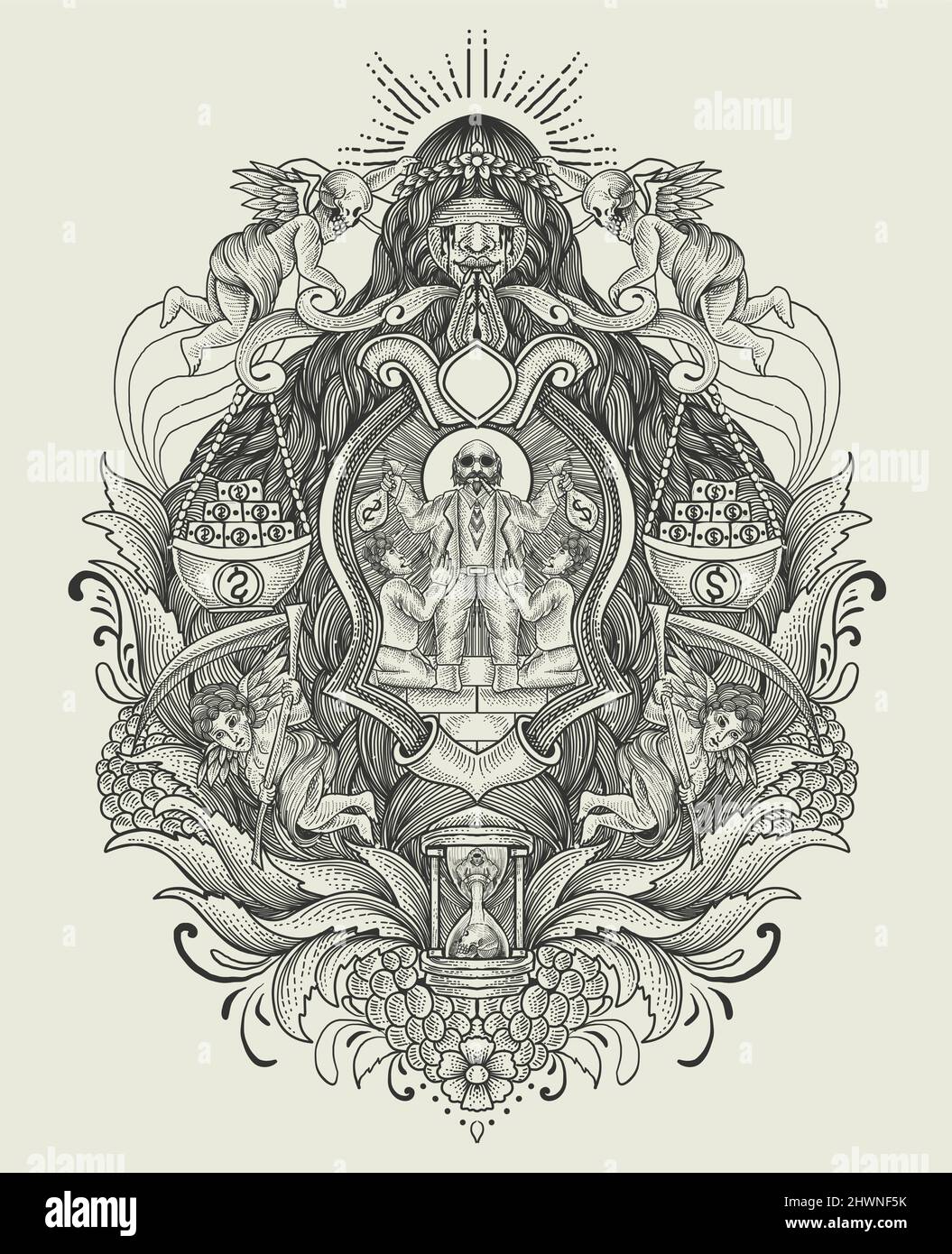 illustration capitalisme homme d'affaires avec ornement gravure vintage Illustration de Vecteur