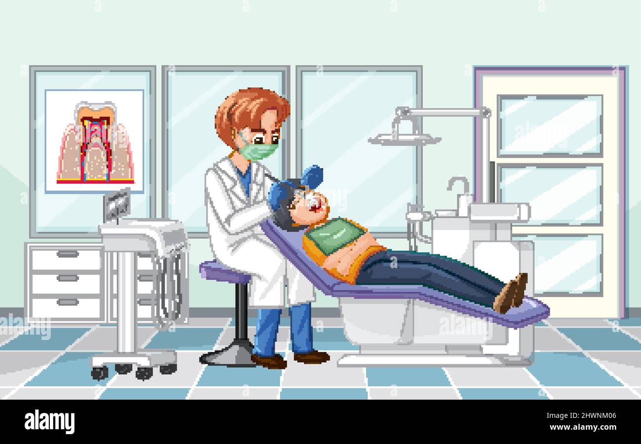 Dentiste examinant les dents du patient dans l'illustration clinique Illustration de Vecteur