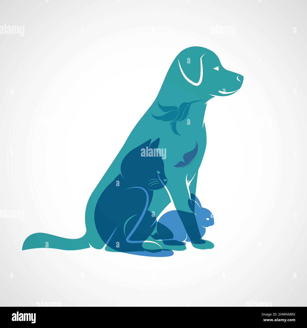 Groupe vectoriel d'animaux de compagnie - chien, chat, oiseau, papillon, lapin, isolé sur fond blanc. Illustration vectorielle superposée facile à modifier. Illustration de Vecteur