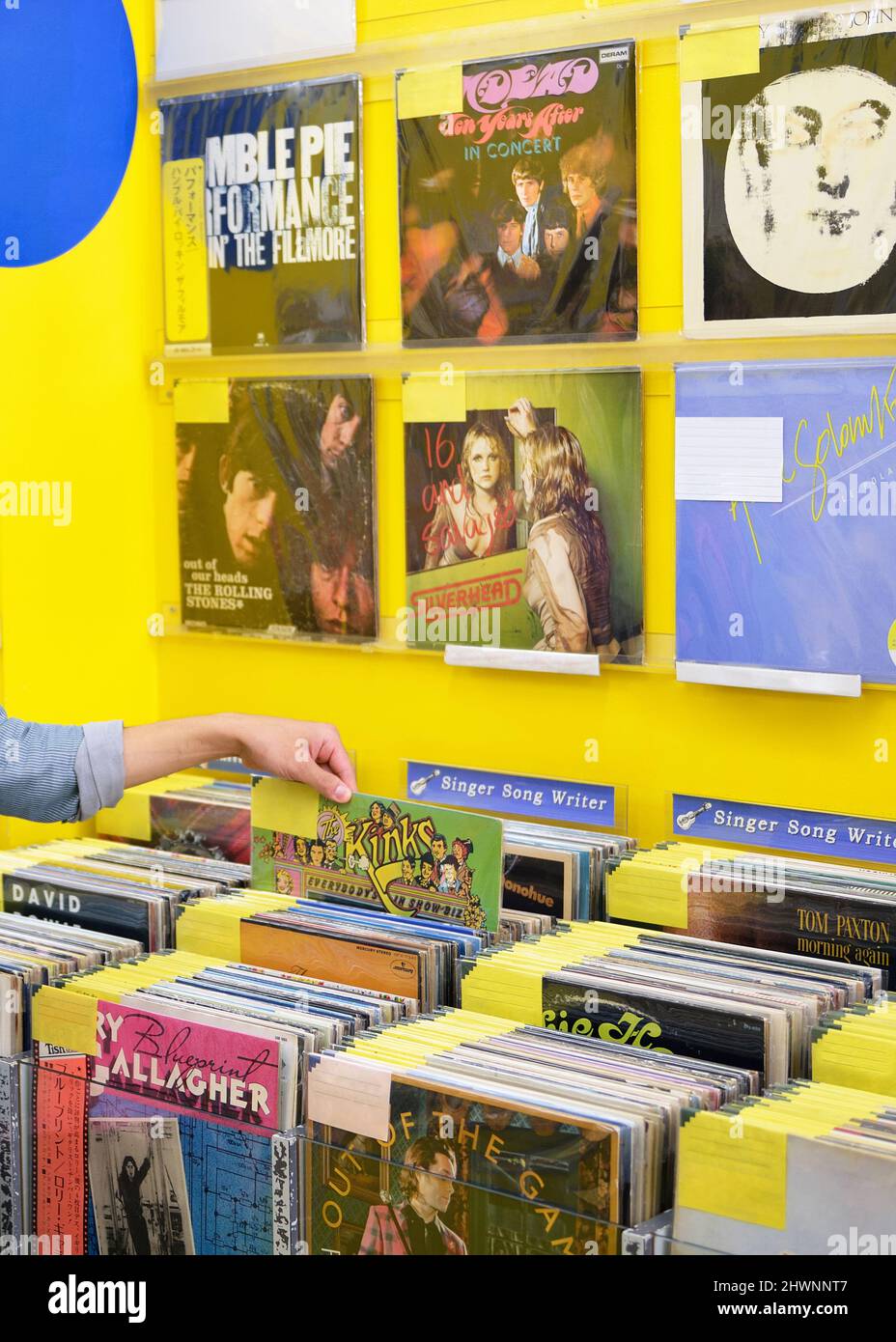 À l'intérieur d'un magasin de disques, des albums en vinyle sont exposés. Banque D'Images