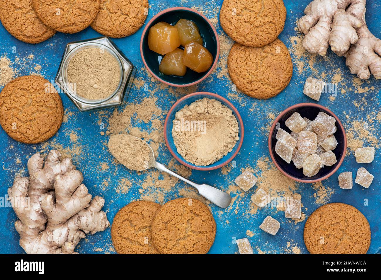 Gingembre en poudre, racine de gingembre, gingembre cristallin et gingembre avec biscuits au gingembre faits maison sur fond bleu Banque D'Images