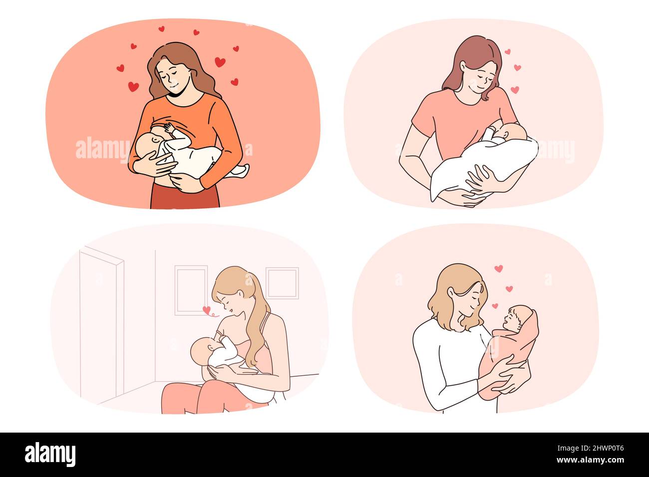 Collection de jeunes mères bienveillant avec un petit bébé entre les mains. Ensemble de maman souriante aimante avec nouveau-né excité avec la maternité. La maternité et la maternité. Illustration vectorielle. Illustration de Vecteur