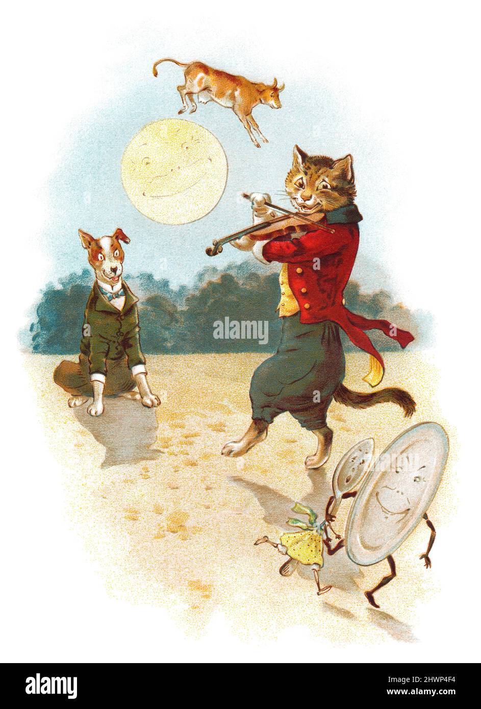 Hé diddle, le chat et le violon, le plat s'est enfui avec la cuillère, le petit chien a ri pour voir si amusant et la vache a sauté sur la lune. 1902 illustration chromo-litho de Mother Goose Jingles. Publié par Ernest Nister. Banque D'Images