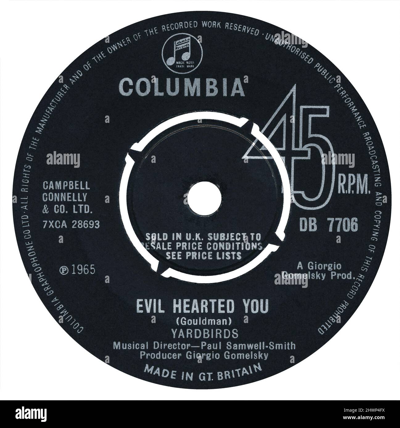45 RPM 7' label britannique de Evil vous a réconforté par les Yardbirds. Écrit par Graham Gouldman, organisé par Paul Samwell-Smith et produit par Giorgio Gomelsky. Publié en octobre 1965 sur Columbia Records. Banque D'Images