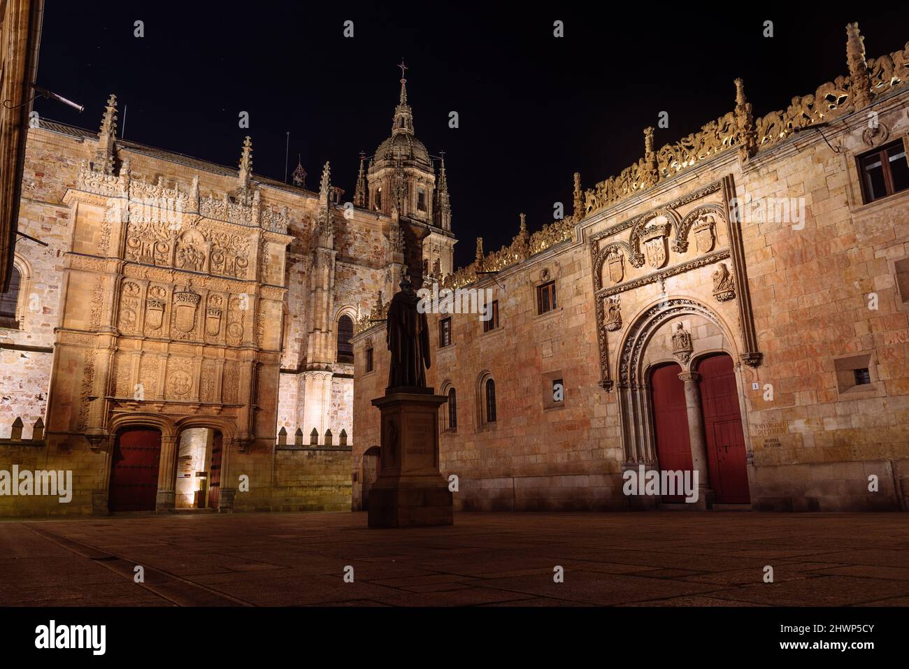 Belle vue de la célèbre Université de Salamanque la nuit, la plus ancienne université d'Espagne, région de Castilla y Leon. Architecture plateresque Banque D'Images