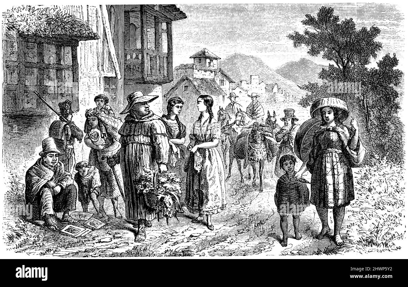 Types de personnes en Equateur. Rue à Quito, , (encyclopédie, 1893), Volkstypen en Equateur. Straße à Quito, types de galets en Equateur. Rue à Quito Banque D'Images