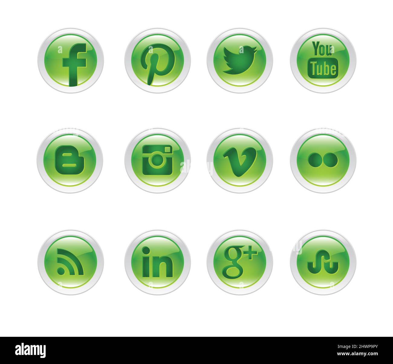 Ensemble de boutons de conception plate avec les logotypes de réseau social les plus populaires isolés sur fond blanc Banque D'Images