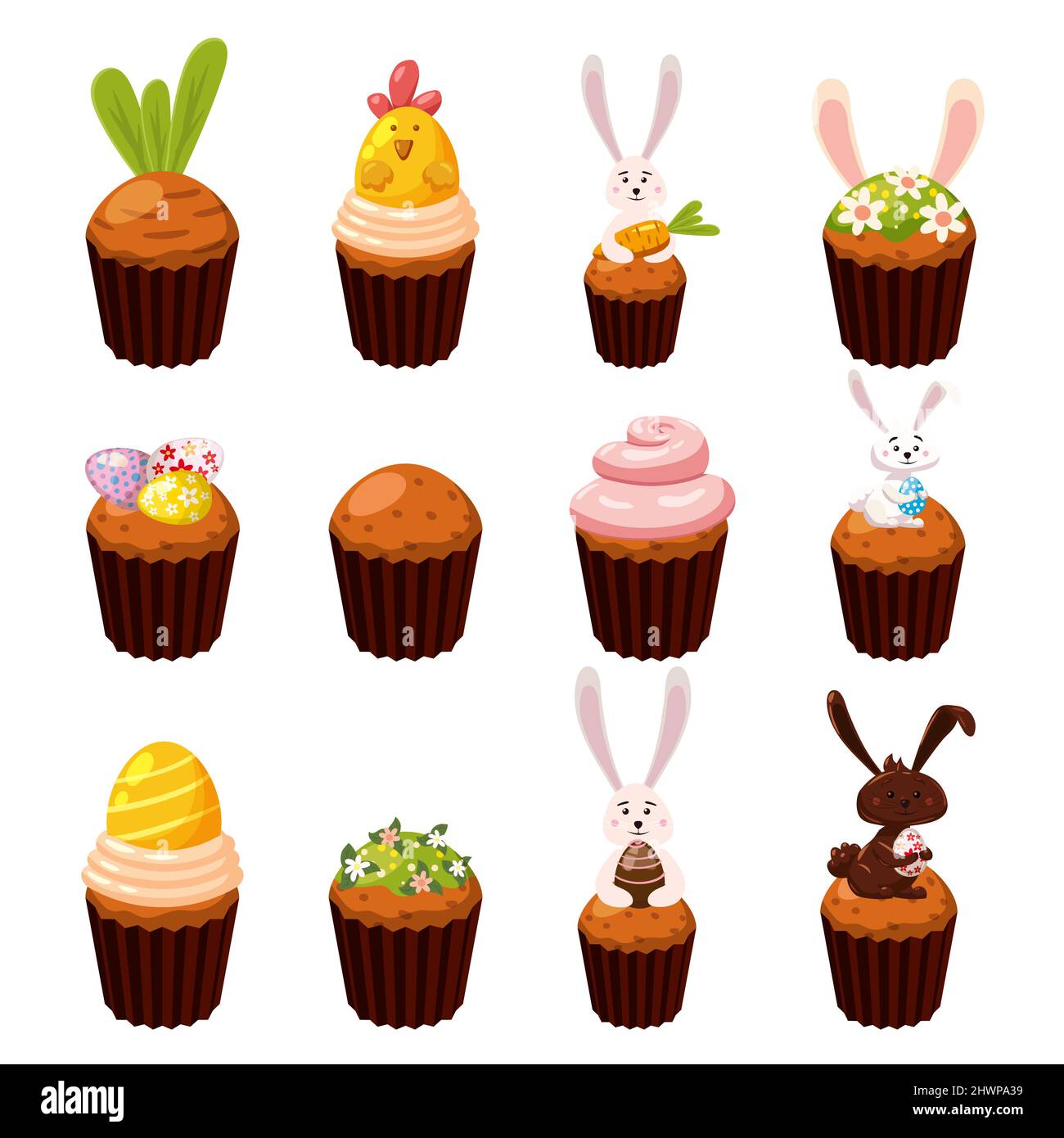 Ensemble de bonbons de Pâques œufs, cupcake, oiseau, lapin, bonbons, gâteau. Collection d'aliments sucrés, lapin au chocolat Illustration de Vecteur