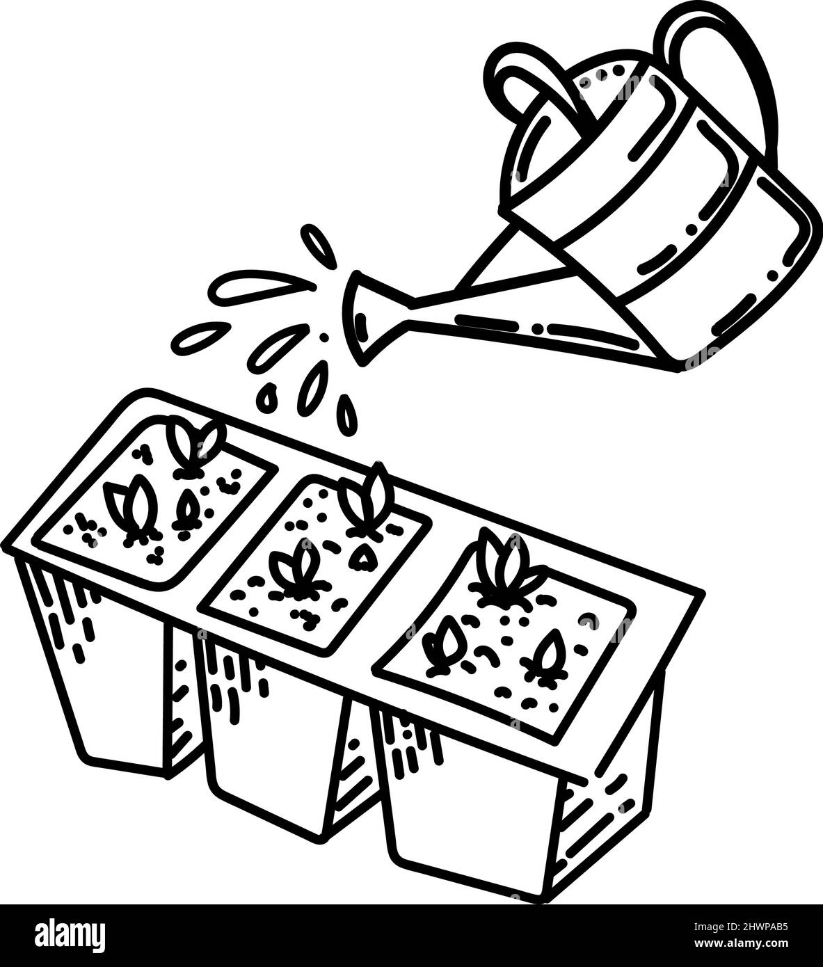 Becs d'arrosage, élément de style caniche dessiné à la main. Petites pousses dans un récipient. Plantation. Soins pour les jeunes plantes. Passe-temps. Vecteur simple de style linéaire Illustration de Vecteur