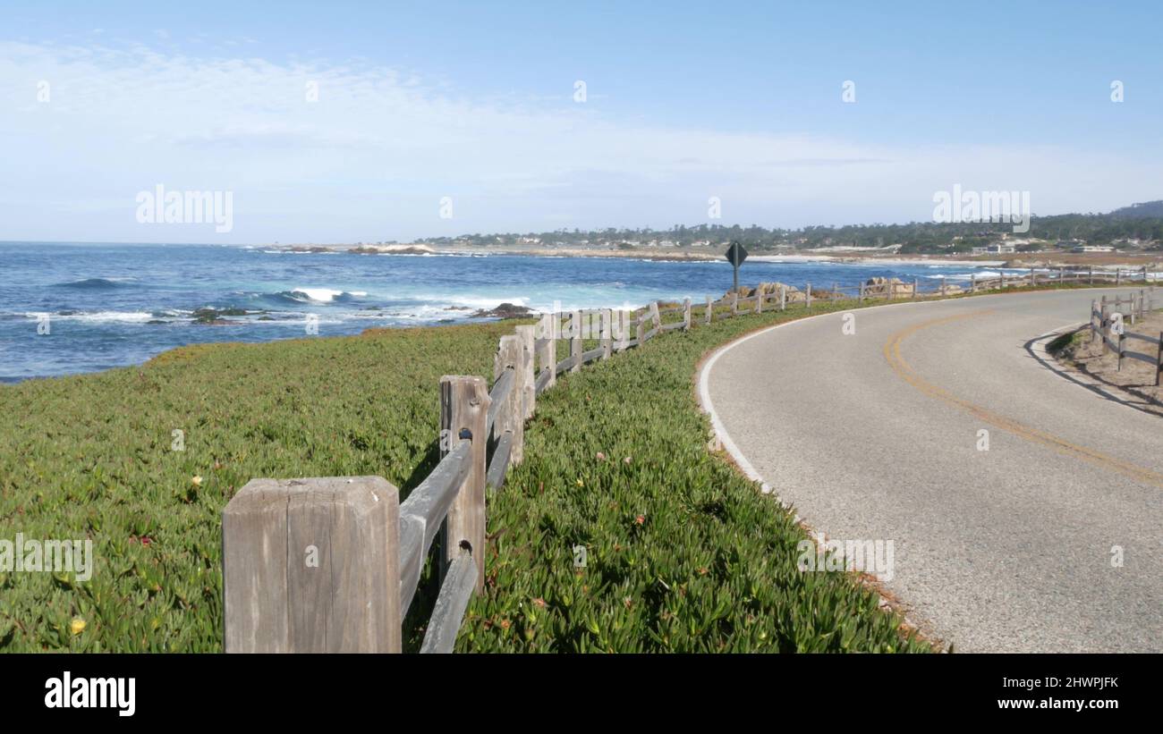 Route panoramique de 17 kilomètres, Monterey, Californie, États-Unis. Voyage le long de l'océan, vagues de mer. Route touristique de la côte Pacifique près de point Lobos, Big sur et Pebble Beach. Clôture et végétation de glace succulente Banque D'Images