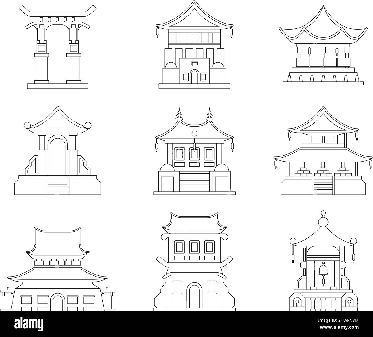 Architecture asiatique. Bâtiment traditionnel chinois pagoda japonais toit corean oriental voyage concept images grenel vecteur linéaire asiatique ensemble Illustration de Vecteur