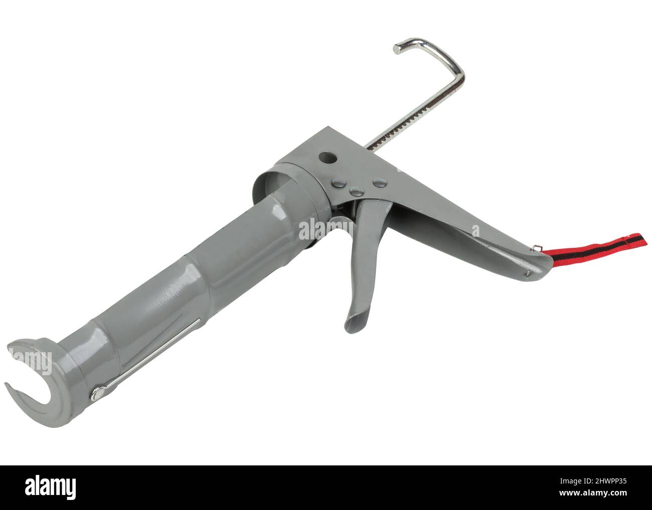 Pistolet de construction pour produit d'étanchéité de couleur grise isolé sur fond blanc Banque D'Images