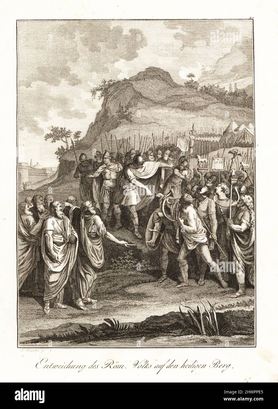 La sécession des plèbeans romains et des soldats à Mons Sacre, 494 av. J.-C. Les sénateurs patriciens négocient le retour du peuple avec une foule de soldats et de signalons. Retraite du clocher sur le Mont Sacré. Gravure sur plaque de coperplate par Janos Blaschke d'après un dessin de Benjamin Samuel Bolomey du professeur Joseph Rudolf Zappe's Gemalde aus der romischen Geschichte, Pictures of Roman History, Joseph Schalbacher, Vienne, 1800. Édition allemande de l’abbé Claude François Xavier Millot, Abrege de l’Histoire Romaine. Banque D'Images