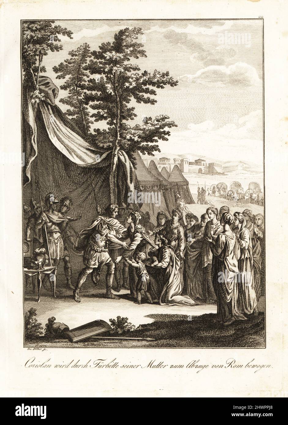 Gnaeus Marcius Coriolanus assiégé par sa mère Veturia, sa femme Volumnia et ses deux fils, pour mettre fin à son attaque contre Rome, 5th siècle avant J.-C. Le général romain Corolianus avait mené une armée de Volscian pour assiéger Rome. Coriolan flanchi par sa simple. Gravure sur plaque de coperplate par Joseph Stöber d'après un dessin d'Hubert-François Gravelot du Professeur Joseph Rudolf Zappe Gemalde aus der romischen Geschichte, photos d'histoire romaine, Joseph Schalbacher, Vienne, 1800. Édition allemande de l’abbé Claude François Xavier Millot, Abrege de l’Histoire Romaine. Banque D'Images