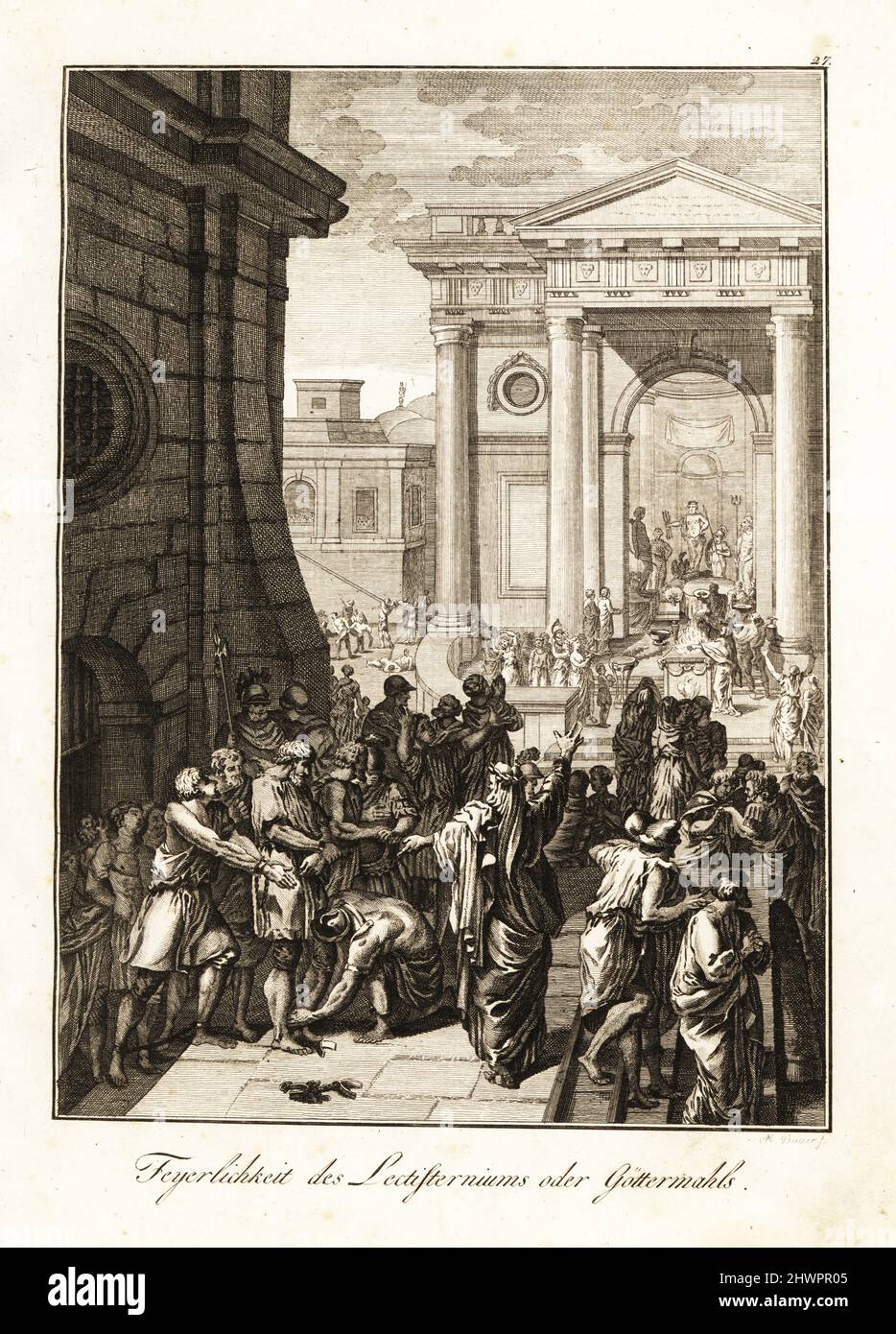 Les Romains offrent des repas aux dieux et déesses dans le Lectisternium, une ancienne cérémonie prophétique romaine. Les prisonniers et les débiteurs ont été libérés pour célébrer. Célébration du Lattisterne. Gravure sur plaque de coperplate par M. Bauer après un dessin de Benjamin Samuel Bolomey du Professeur Joseph Rudolf Zappe's Gemalde aus der romischen Geschichte, Pictures of Roman History, Joseph Schalbacher, Vienne, 1800. Édition allemande de l’abbé Claude François Xavier Millot, Abrege de l’Histoire Romaine. Banque D'Images