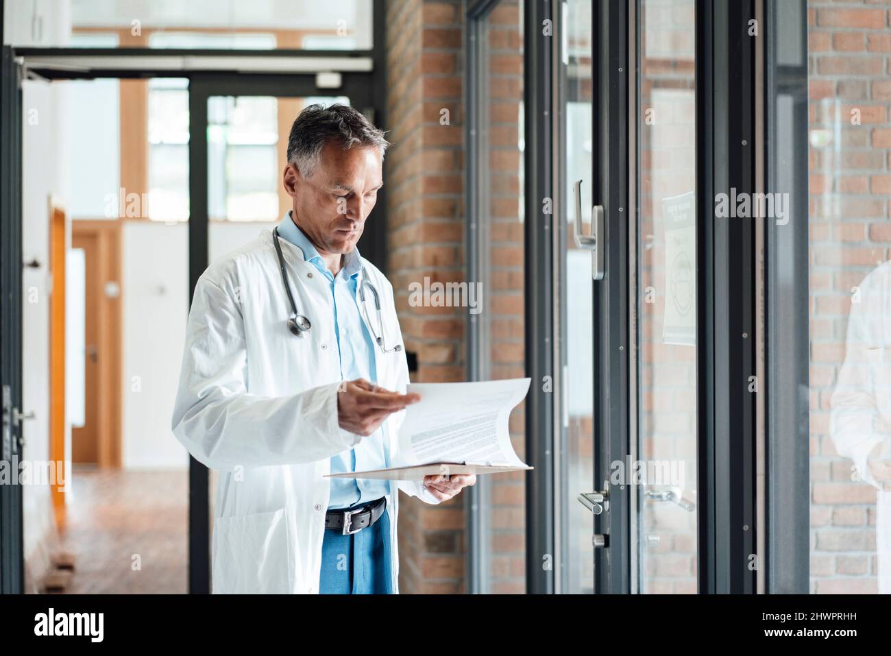 Médecin mature qui examine le dossier médical à l'hôpital Banque D'Images Médecin mature qui examine le dossier médical à l'hôpital Banque D'Images