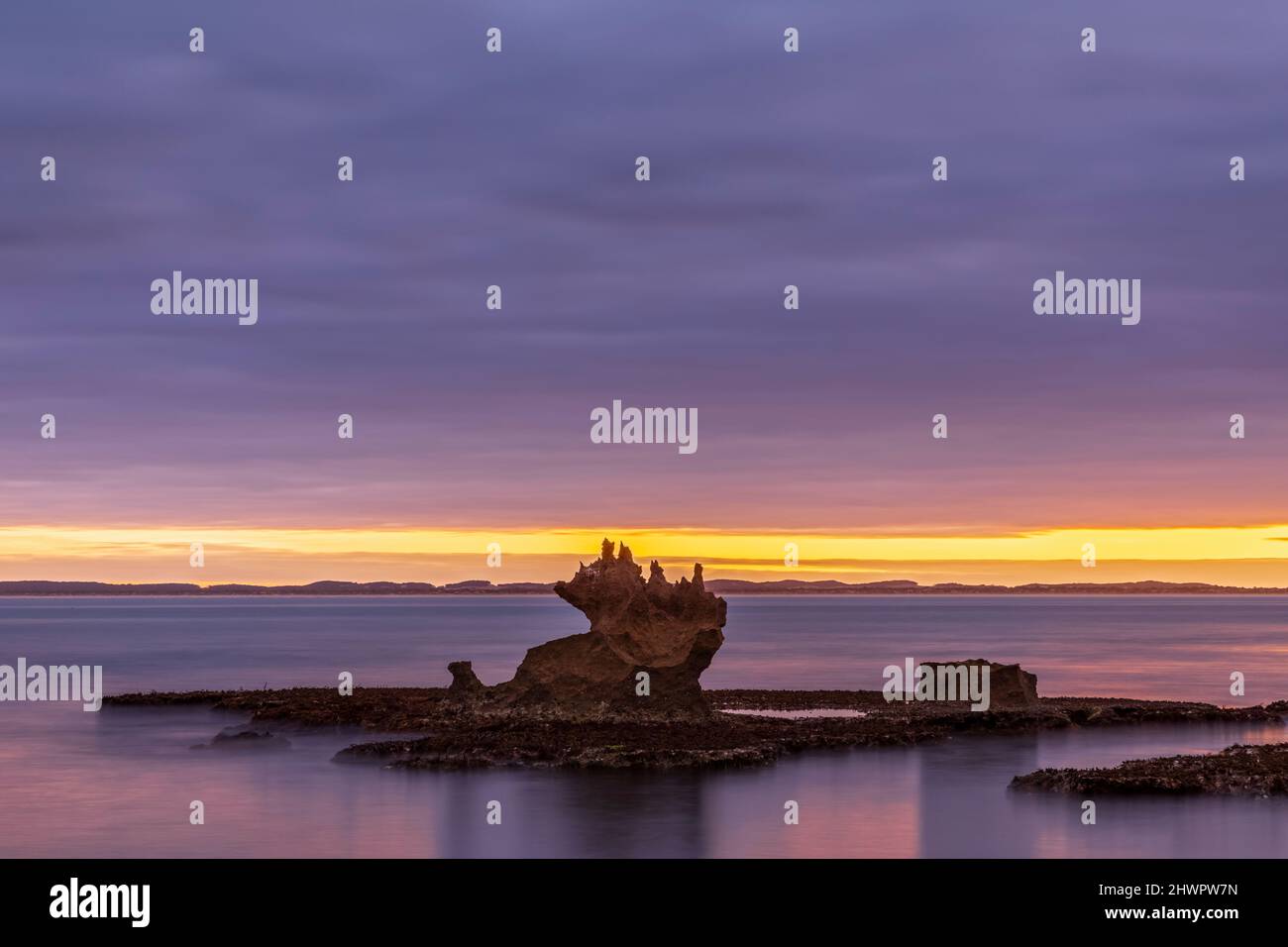 Australie, Australie méridionale, Robe, exposition longue des nuages violets sur la formation de roches côtières à l'aube moody Banque D'Images