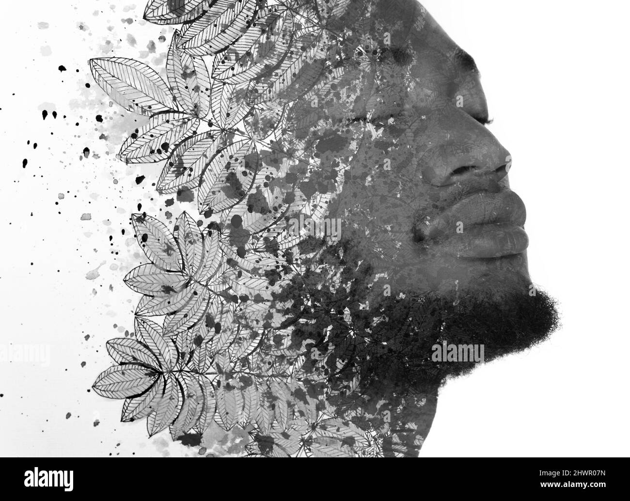 Portrait d'un homme combiné à une peinture à l'encre des feuilles. Peinture. Banque D'Images