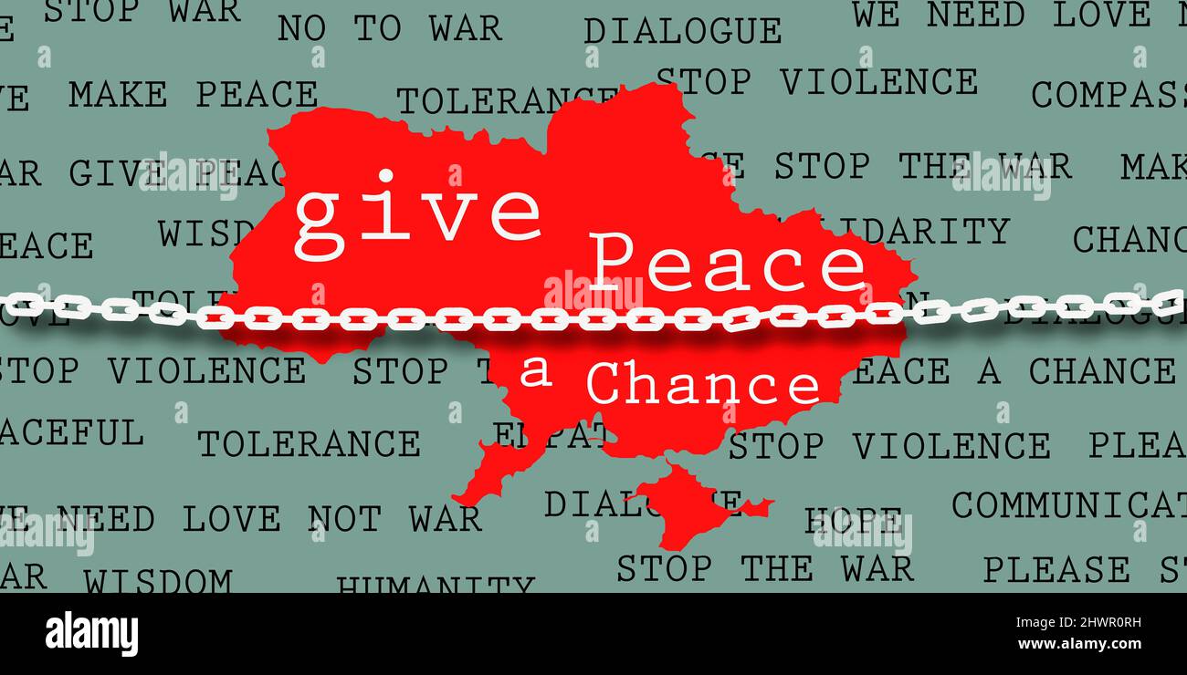 2022 Russie crise de l'Ukraine. Mots de paix et carte de l'Ukraine, paix, cessez-le-feu, concept de dialogue Banque D'Images