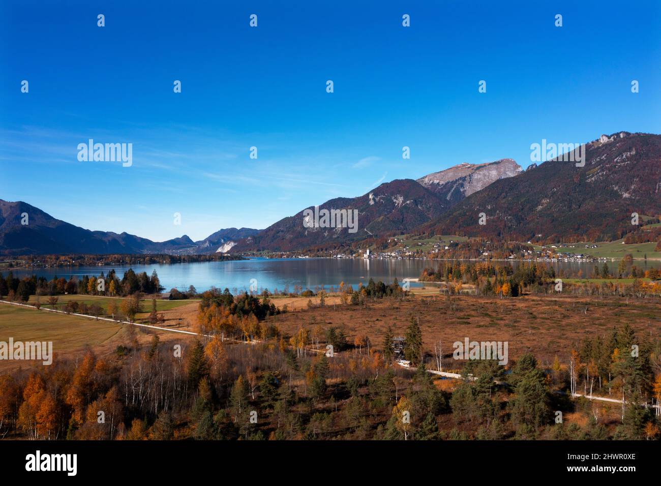 Autriche, Salzbourg, Sankt Wolfgang im Salzkammergut, Drone vue sur le lac Wolfgang et Blinklingmoos en automne Banque D'Images