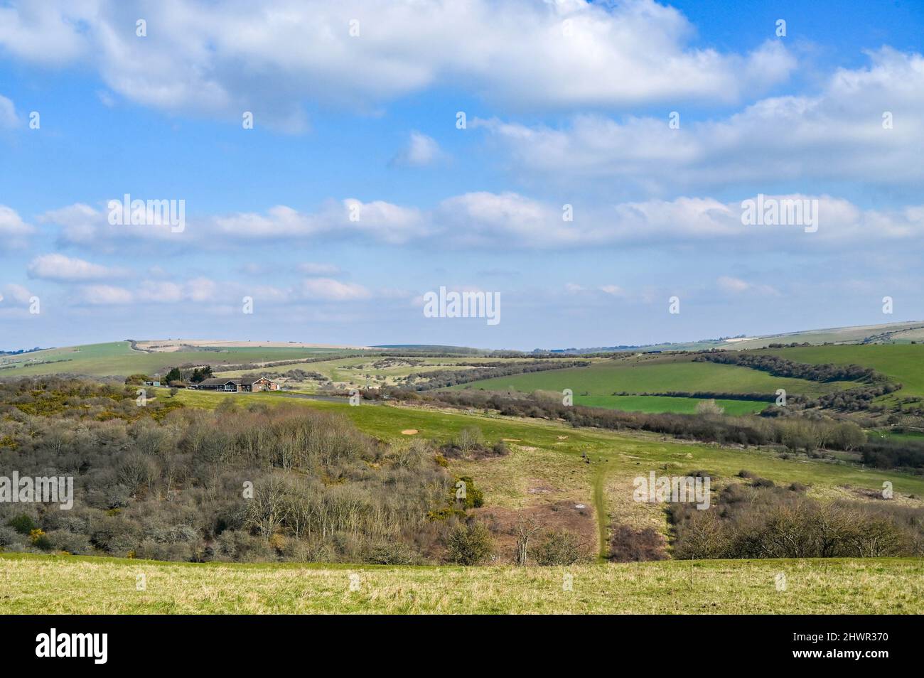 Brighton UK 7th Mars 2022 - les marcheurs pour chiens Profitez d'une matinée ensoleillée mais fraîche sur les South Downs au vieux parcours de golf Waterhall qui a été rewilded juste au nord de Brighton : Credit Simon Dack / Alay Live News Banque D'Images