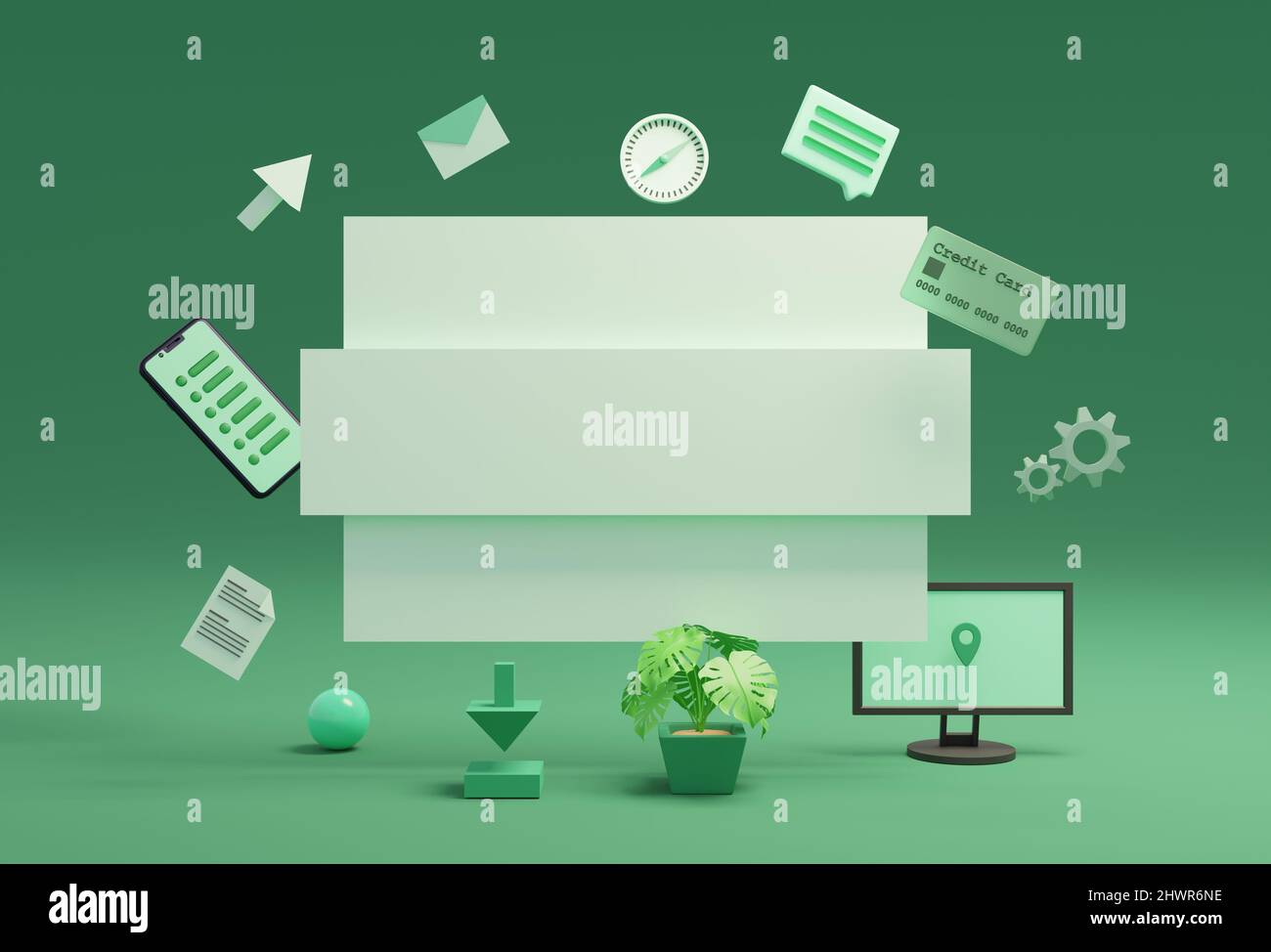 illustration du développement web 3d avec espace de texte. Post-conception sur les réseaux sociaux. Isométrique 3D rend les objets Web. Banque D'Images